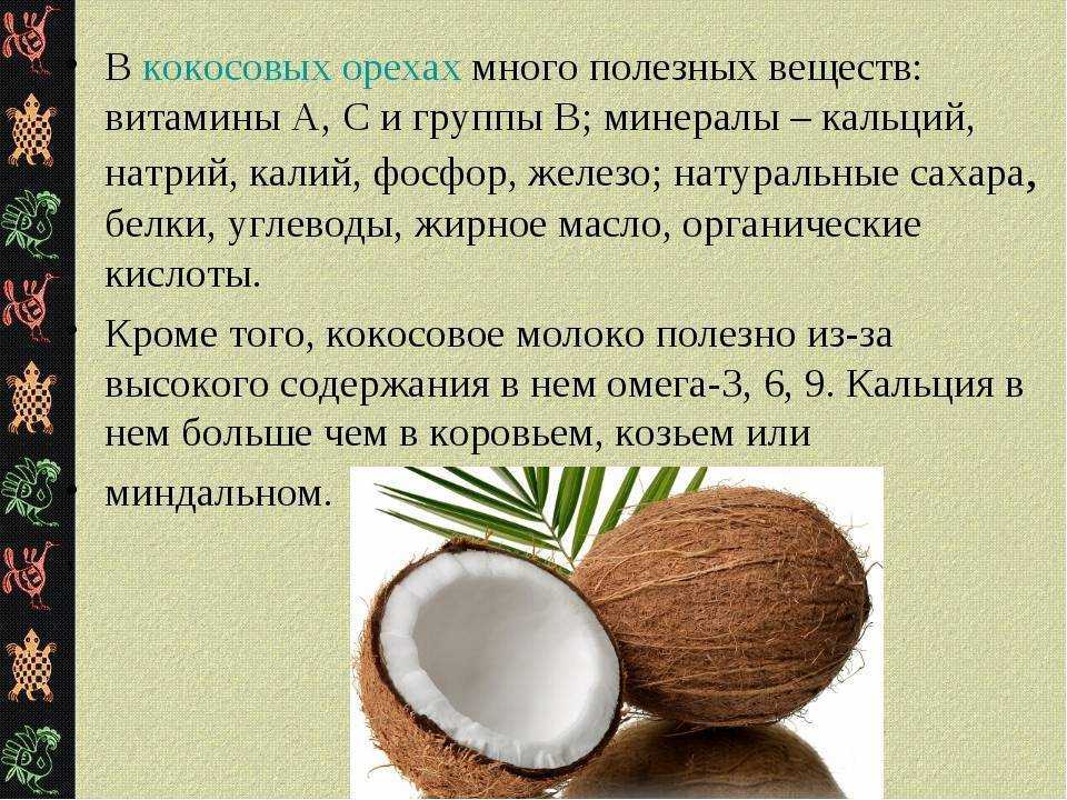 Кокос представляет собой плод кокосовой пальмы, у которого особенно ценится мякоть, кокосовое молоко и масло кокоса